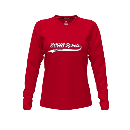 [CUS-DFW-TEES-CMF-VNK-LSL-RED-FYXS-LOGO2] Decker Comfort T-Shirt (Female Youth XS, Red, V Neck, Logo 2, Long Sleeve)